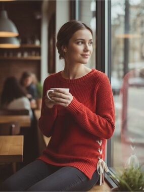360 Sweater Red Lace-Up Side Crewneck Sweater